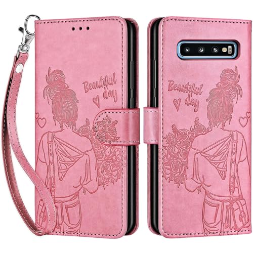 for Samsung Galaxy S10 Wallet case, Pink-Girl | 3 Card Holders, Kickstand, Shockproof TPU Shell, PU Leather, Magnetic Closure, Protective Flip Folio Cover, Women - color: 1