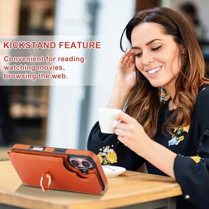 Folosu Compatible with iPhone 16 Case Wallet with Card Holder, 360°Rotation Finger Ring Holder Kickstand, RFID Blocking Leather Protective Double Buttons Shockproof Cover 6.1 Inch Brown - color: Brown