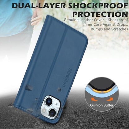 SHIELDON Genuine Leather Case Wallet for iPhone 15 6.1" 2023, Royal Blue | Folio Magnetic Closure, RFID Blocking, Credit Card Holder, Kickstand, Shock Absorbing Protective Cover - color: Royal Blue