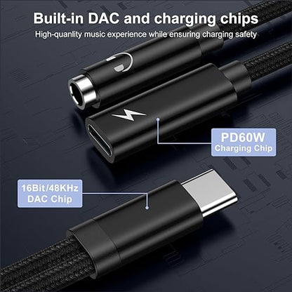 USB C to 3.5mm Headphone and Charger Adapter for Samsung Galaxy A17 A16 S26 - color: black