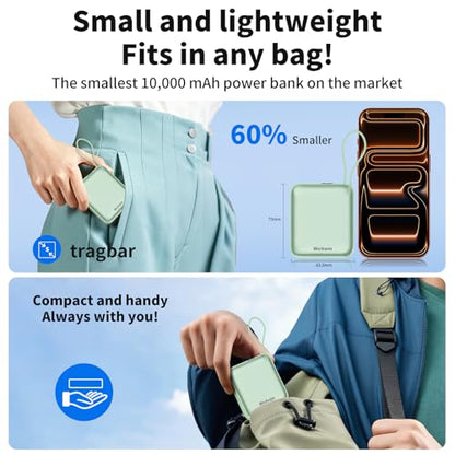 Hichain Portable Charger with Dual Built-in Cables 10000mAh Small Power Bank 22.5W Fast Charging Mini Powerbank LED Display Travel Essential Battery Pack for iPhone 17 16 15 14 13 All Series Green - color: Green