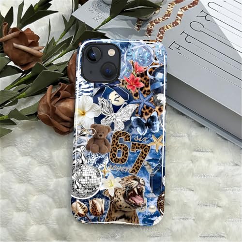 Case for iPhone 15, Cute Phone Case, Blue Leopard Collage | Hybrid 2-Layer Phone Cover，Military-Grade Protection Durable Shockproof Anti-Scratch Cases - color: Blue Leopard Collage, size: Iphone 15