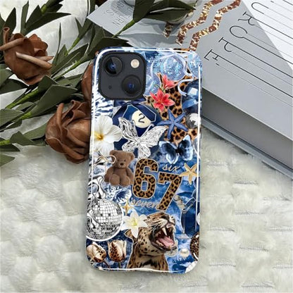 Case for iPhone 15, Cute Phone Case, Blue Leopard Collage | Hybrid 2-Layer Phone Cover，Military-Grade Protection Durable Shockproof Anti-Scratch Cases - color: Blue Leopard Collage, size: Iphone 15