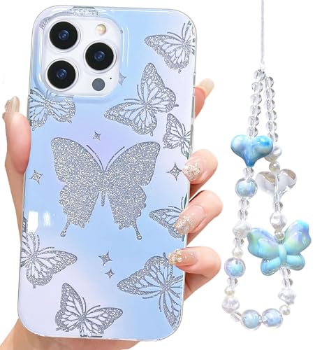 Abbery for iPhone 16 Pro Max Butterfly Case with Strap Wrist Glitter Cute Clear Blue Purple Design Bling Sparkle Aesthetic Shockproof Protective Stury Women Girls Girly Hard Phone Cover - color: Butterfly, size: for iPhone 16 Pro Max
