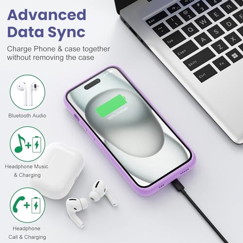 Feob Battery Case for iPhone 15Pro (6.1Inch), Real 7500mAh Ultra Slim Portable & 15W Fast Charging, Rechargeable Protective Extended Charger Case Cover Only for iPhone 15Pro Charging Case-Purple - color: Purple