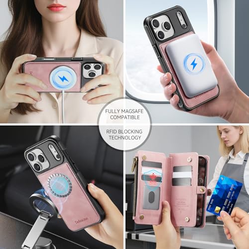 Defencase for iPhone 17 Pro Max Case Wallet Compatible with Magsafe, Pink | Drop-Proof Magnetic Detachable Phone Cases Cover, with RFID Bolcking Card Holder, Zipper Strap, PU Leather, Removable Wallet - color: (Detachable with Magsafe)-Pink