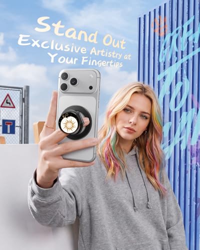 SUPERONE Upgraded Magnetic Phone Grip Sun, Removable Gym MagSafe Kickstand, Dual-Sided Magnet Phone Ring Holder for iPhone 17/16/15/14/13/12, Compatible with Magnetic Car Mount- Sun and Moon Pattern - color: BK-Sun