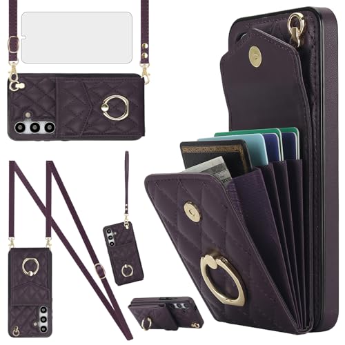 Phone Case for Samsung Galaxy S24 5G Wallet Cover with Tempered Glass Screen Protector Crossbody Wrist Strap Ring RFID Blocking Credit Card Holder Cell S 24 24S G5 SM-S921U Women Men Girls Dark Purple - color: Dark Purple