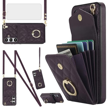 Phone Case for Samsung Galaxy S24 5G Wallet Cover with Tempered Glass Screen Protector Crossbody Wrist Strap Ring RFID Blocking Credit Card Holder Cell S 24 24S G5 SM-S921U Women Men Girls Dark Purple - color: Dark Purple
