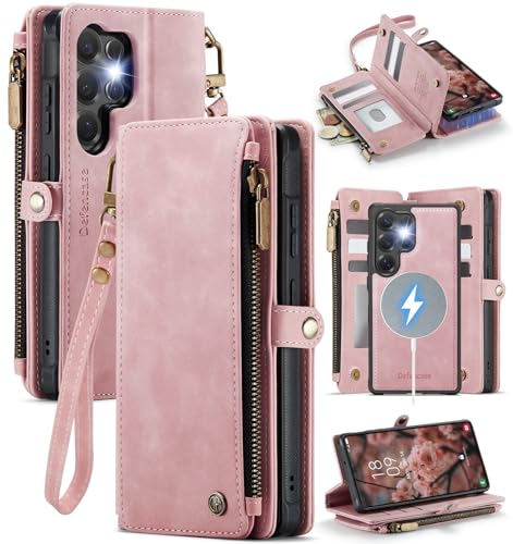 Defencase for Galaxy S23 Ultra Case Wallet Compatible with Magsafe, Pink | Magnetic Detachable, RFID Bolcking Card Holder, Zipper Strap, PU Leather Drop-Proof Phone Cover for Samsung Galaxy S23 Ultra - color: (Detachable with Magsafe)-Pink