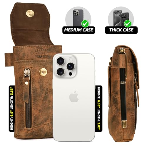 Leather Village Genuine Leather 7”x3.5” Phone Holster Pouch with Belt Clip, Magnetic Closure, ID Card Holder - Brown Universal Case for iPhone, Samsung Galaxy, Google Pixel - color: Distressed Brown