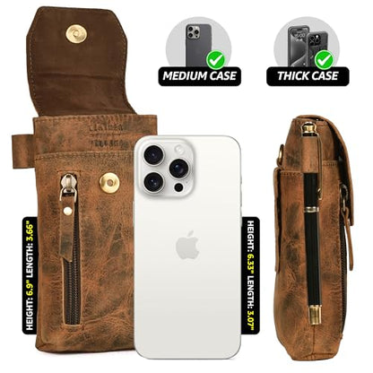 Leather Village Genuine Leather 7”x3.5” Phone Holster Pouch with Belt Clip, Magnetic Closure, ID Card Holder - Brown Universal Case for iPhone, Samsung Galaxy, Google Pixel - color: Distressed Brown