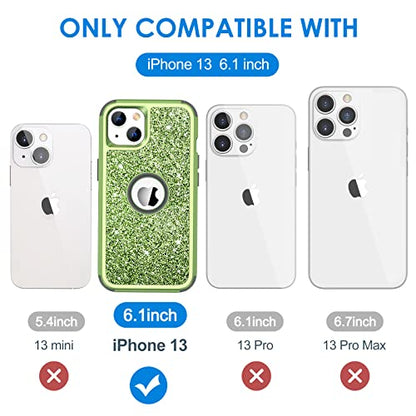 Hython Case for iPhone 13 Case Glitter, Cute Sparkly Shiny Bling Sparkle Cover, Heavy Duty 3 in 1 Hybrid Hard PC Soft TPU Bumper Full Body Shockproof Protective Phone Cases for Women Girls, Green - color: Green