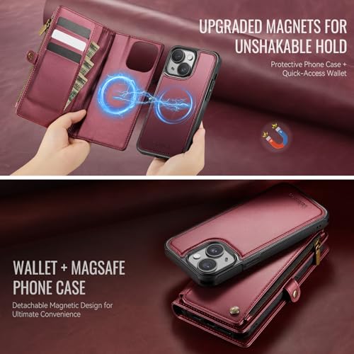 Defencase for iPhone 14 Plus Case Wallet Compatible with Magsafe, Wine Red | Drop-Proof Magnetic Detachable Phone Cases Cover, with RFID Bolcking Card Holder, Zipper Strap, PU Leather, Removable Wallet - color: (Detachable with Magsafe)-Wine Red