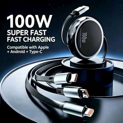 PLENTY MORE 100W 3-in-1 Retractable Charging Cable, Multi USB-C/Lightning/Micro Cord for Phones