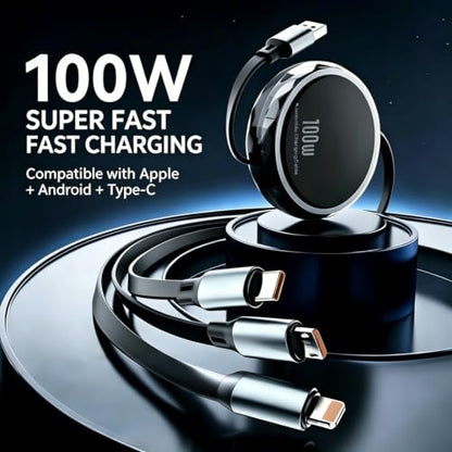 PLENTY MORE 100W 3-in-1 Retractable Charging Cable, Multi USB-C/Lightning/Micro Cord for Phones