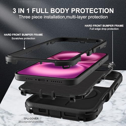 YKHJKLEC for iPhone 16 Plus Case, Military Grade 3 in 1 Heavy Duty Shockproof/Drop Proof/Dust Proof with Kickstand Case, with 2 x Tempered Glass Screen Protector & 1 x Wrist Strap (ZJ-Black/Black) - color: ZJ-Black/Black