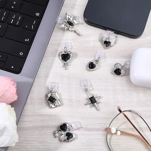 SUNNYCLUE 8pcs Halloween Anti Dust Plug Charm Phone Dust Plug Charm Black Silver Gothic Alloy Plastic Heart Mobile Phone e Reader Anti Dusts Plugs Protectors Cover for Cellphone Laptops Earphone Adult - style: Style 2