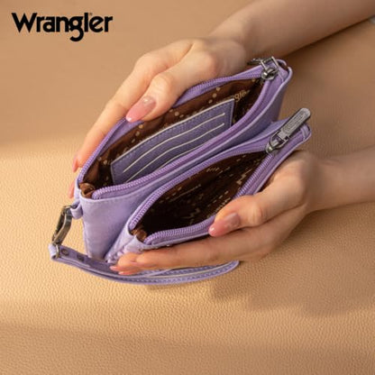 Montana West X Wrangler Wallets for Women Ladies Female Large Card Cases & Money Organizers Double Zipper Wristlet Western Cash Wallet with Rfid Lining with Wrist Strap - color: Purple
