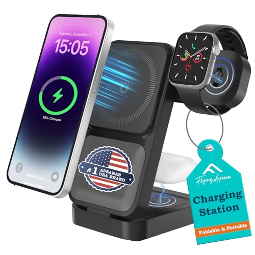 3in1 Charging Station for Apple - Foldable Wireless Charger Stand for MagSafe Portable, Travel Wireless Charger Station for Multiple Devices for iPhone 16, 15, 14, 13, Apple Watch, AirPods S1BLACK