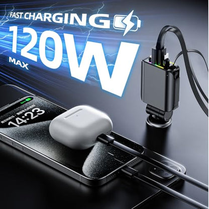 [2026 Ultra-Slim, 75% Less Space] Retractable Car Charger with Starlight, Max 120W USB C Car Charger Adapter, Cars Phone Chargers Fast Charging, Car Chargers for iPhone 17 16 Pro Max Plus and Android