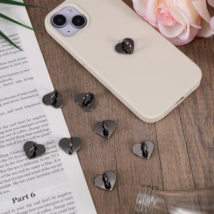 Gosknor 8pcs Heart Cell Phone Ring Holder, Cute Phone Charm Hooks Adhesive Smartphone Finger Ring Grip Sticky Metal Loop Stand for Cellphone Case Pad Tablet DIY Accessories (black) - color: black