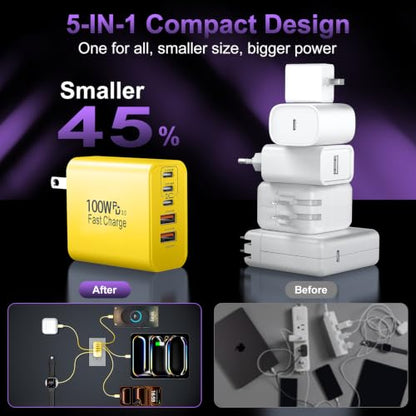USB C Super Fast Charger Block, 100W USBC Charging Block Wall Plug Adapter - color: Yellow