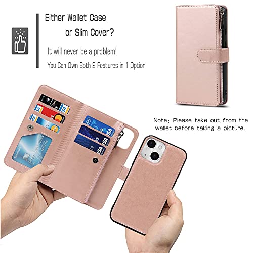 iCoverCase Compatible with iPhone 13 Wallet Phone Case with Card Holder, PU Leather Zipper Pocket Magnetic Detachable Flip Case with Wrist Strap (Rose Gold) - color: Detachable--Rose Gold