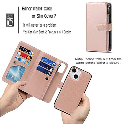 iCoverCase Compatible with iPhone 13 Wallet Phone Case with Card Holder, PU Leather Zipper Pocket Magnetic Detachable Flip Case with Wrist Strap (Rose Gold) - color: Detachable--Rose Gold