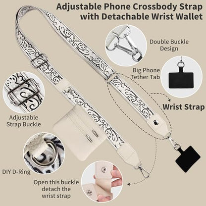2pcs Clip and Go Strap for Phone with Wallet Crossbody Strap with Pouch - color: Beige+black