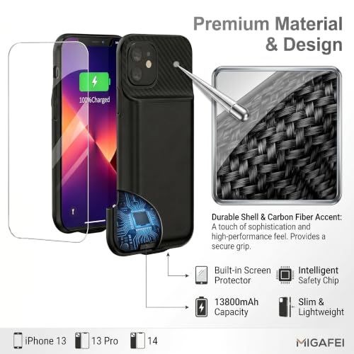 Battery Case for iPhone 13/13Pro/14, 13800 mAh Ultra-Thin Protective Charging case, Portable Rechargeable Expandable Battery Charger, Compatible with iPhone 13/13Pro/14 (6.1 inches), Black