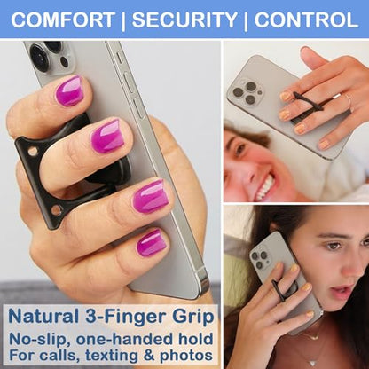 Patented 3-Finger Phone Grip & Stand - Comfortable & Secure Loop Holder for iPhone & Android - Ultra-Slim Zinc Alloy - Magnetic Mount Ready - Cell Phone Ring Alternative [Black Matte] - color: Matte black