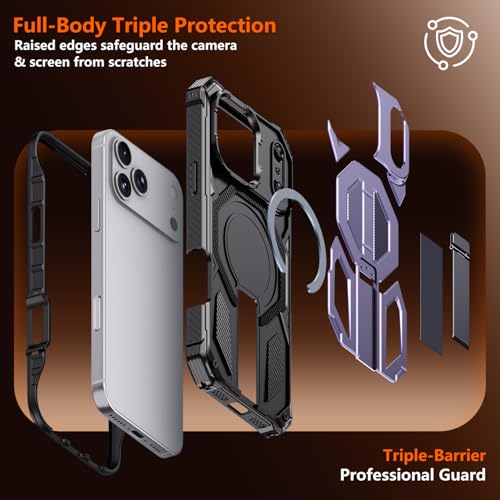 for iPhone 17 Pro Max Case with Kickstand, [15FT Military-Grade Drop Protection] [Compatible with MagSafe] Rugged Shockproof Heavy Duty Magnetic iPhone 17 Pro Max Phone Case Cover (Purple) - color: Purple