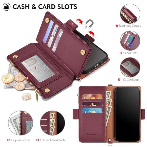 Antsturdy Crossbody Phone Wallet Case for iPhone 14 Pro,Wine Red | RFID Blocking,PU Leather Flip Cover,Kickstand,with Credit Card Holder,Wrist Strap Lanyard & Handbag Purse,for Women & Men - color: (Crossbody) - Wine Red
