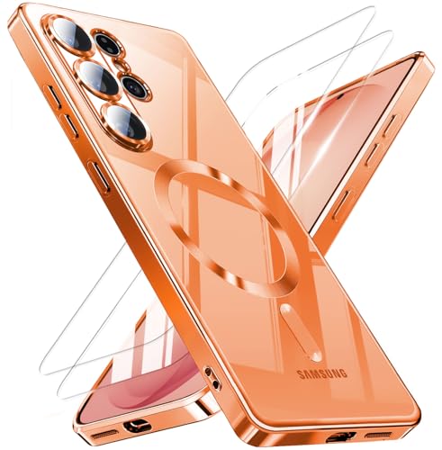 Magnetic for Samsung Galaxy S26 Ultra Case with 2X Screen Protector & Full Camera Cover,Fit with MagSafe,Plating Soft Glossy Luxury Shockproof Women Girls Phone Cases for Galaxy S 26 Ultra ,Orange - color: Orange-S26 Ultra