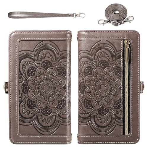 Asuwish Phone Case for iPhone 15 Pro 6.1 inch Zipper Wallet Magnetic Detachable Cell Cover with Tempered Glass Screen Protector Crossbody Strap Flower Credit Card Holder i Phone15 i15 15Pro Women Gray - color: Gray