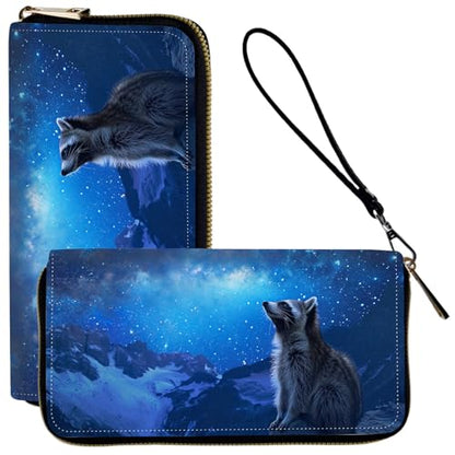 Ladies Wallet,Clutch Purses for Women Wallets Leather Credit Card Holder for Women Wristlet Slim Small Cute with Zipper,Thin RFID Blocking with Wrist Strap,Blue Galaxy Raccoon - color: Blue Galaxy Raccoon