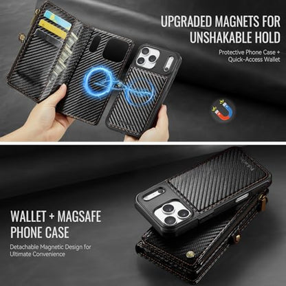 Defencase for iPhone 17 Pro Max Case Wallet Compatible with Magsafe, C-Black - color: (Detachable with Magsafe)-Carbon Fiber Black