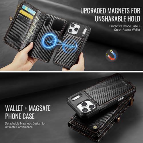 Defencase for iPhone 17 Pro Max Case Wallet Compatible with Magsafe, C-Black - color: (Detachable with Magsafe)-Carbon Fiber Black