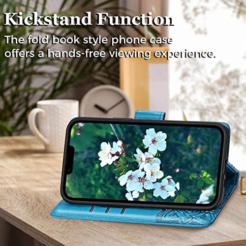 for iPhone 13 Pro Case Wallet for Women,Blue | Flip Folio Butterfly Embossed PU Leather Stand Credit Card Holder Slots Magnetic Wrist Strap Phone Cover - color: Blue