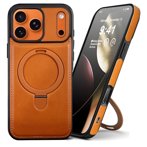 for iPhone 17 Pro Max Leather Case with Magnetic Ring Holder,[Compatible with Wireless Charging] Luxury Slim Shockproof Non-Slip Protective Kickstand Cover for iPhone 17 Pro Max (Brown) - color: Brown