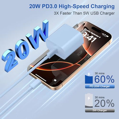 20W iPhone Charger Fast Charging 3-Pack with 6FT USB C to USB Cable, Blue - color: Blue