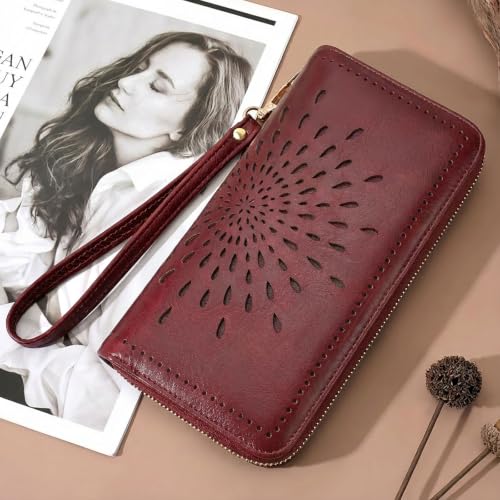 APHISON Wallet Women Large Capacity Clutch Purse For Ladies Card Holder RFID Wristlet Phone Zipper Coin Travel Pocket - color: 09-magenta