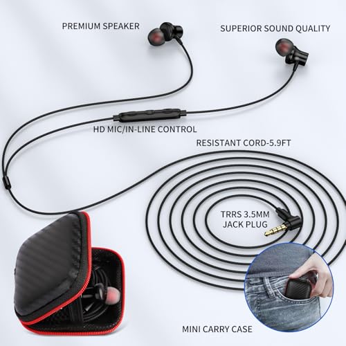 ASKUBSKU 3.5mm Headphones 5.9 ft Long Cord Wired Earbuds with Mic, Black - color: Black