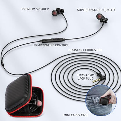 ASKUBSKU 3.5mm Headphones 5.9 ft Long Cord Wired Earbuds with Mic, Black - color: Black
