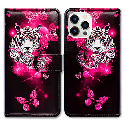 Bcov Case for iPhone 13 Pro, White Tiger Butterfly Leather Flip Phone Case Wallet Cover with Card Slot Holder Kickstand for iPhone 13 Pro - color: White Tiger Butterfly