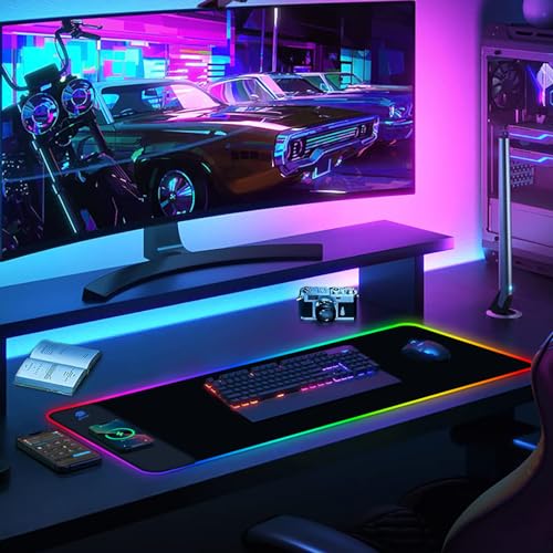 AIMSA Wireless Charging RGB Gaming Mouse Pad 15W, Extended LED Desk Mat Protector 800x300x4MM, 14 Light Modes Extra Large Mousepad Non-Slip Rubber Base Desk Mat, Cool Black - color: Cool Black