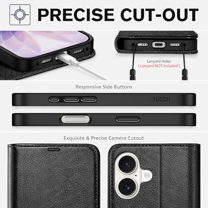 TUCCH Case Wallet for iPhone 17 (6.3"), RFID Blocking Folio, Textured Black | 4 Card Holders, Kickstand, PU Leather, Magnetic Closure, Shockproof TPU Shell, Protective Flip Cover - color: Textured Black