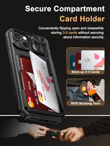 Vihibii for iPhone 15/14/13 Wallet Case, Card Holder (4 Cards), Black | RFID Blocking, Slide Camera Lens Cover, Military-Grade Drop Protection, Raised Edges Protect Screen, Ditch the bulky bag - color: Black, size: iPhone 15/14/13