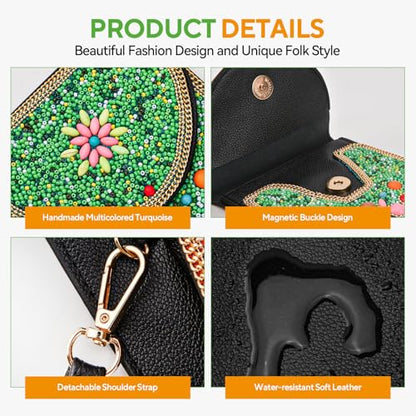 Small Beaded Crossbody Bag for Women, Boho Cell Phone Shoulder Purse Wallet with Handcrafted Colorful Beads - color: Tree-green